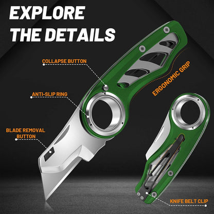 Folding Utility Knife Pocket Knife, Heavy-Duty Box Cutter with Aluminum Body, Quick-Change Blades, Anti Slip Finger Loop, Box Cutters for Home, Office, Warehouse, Durable Razor Knife, Box Knife - Grey