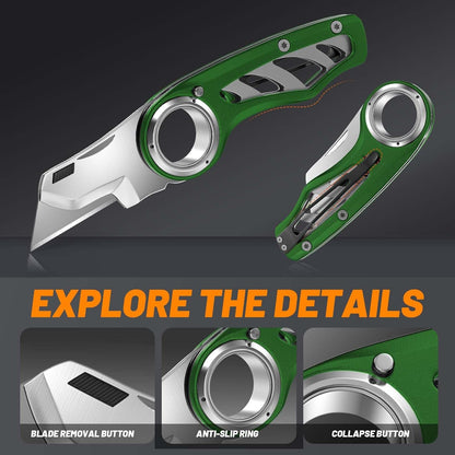 Folding Utility Knife Pocket Knife, Heavy-Duty Box Cutter with Aluminum Body, Quick-Change Blades, Anti Slip Finger Loop, Box Cutters for Home, Office, Warehouse, Durable Razor Knife, Box Knife - Grey
