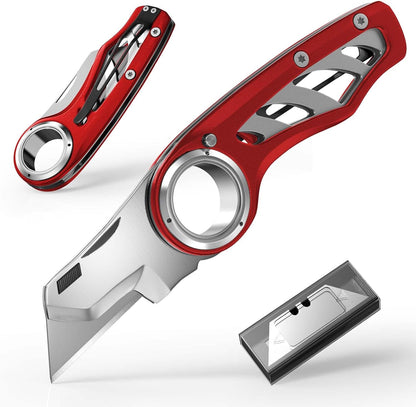 Folding Utility Knife Pocket Knife, Heavy-Duty Box Cutter with Aluminum Body, Quick-Change Blades, Anti Slip Finger Loop, Box Cutters for Home, Office, Warehouse, Durable Razor Knife, Box Knife - Grey