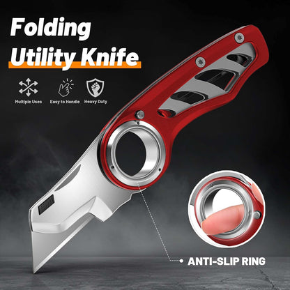 Folding Utility Knife Pocket Knife, Heavy-Duty Box Cutter with Aluminum Body, Quick-Change Blades, Anti Slip Finger Loop, Box Cutters for Home, Office, Warehouse, Durable Razor Knife, Box Knife - Grey