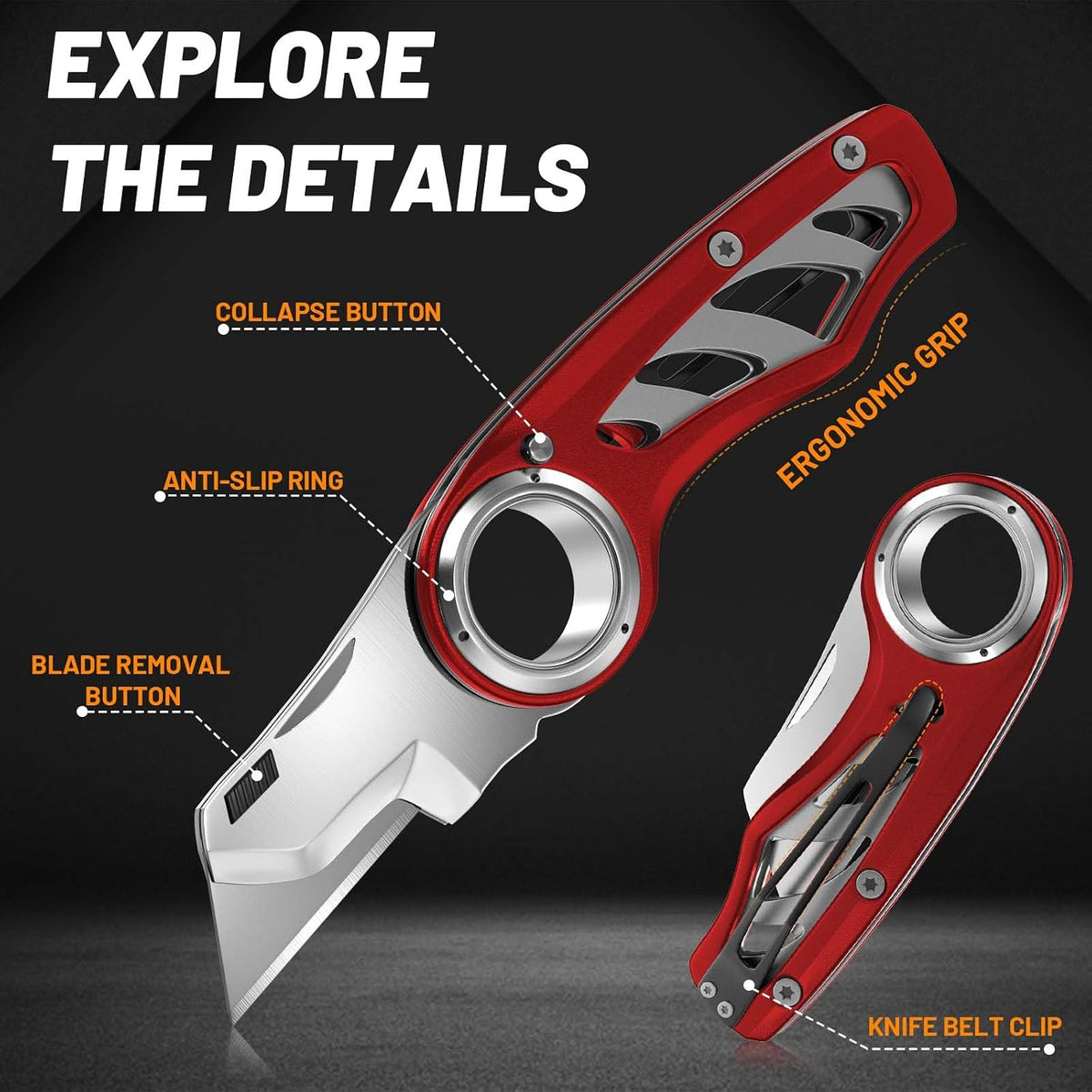 Folding Utility Knife Pocket Knife, Heavy-Duty Box Cutter with Aluminum Body, Quick-Change Blades, Anti Slip Finger Loop, Box Cutters for Home, Office, Warehouse, Durable Razor Knife, Box Knife - Grey