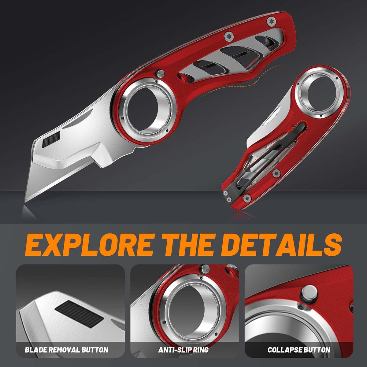 Folding Utility Knife Pocket Knife, Heavy-Duty Box Cutter with Aluminum Body, Quick-Change Blades, Anti Slip Finger Loop, Box Cutters for Home, Office, Warehouse, Durable Razor Knife, Box Knife - Grey