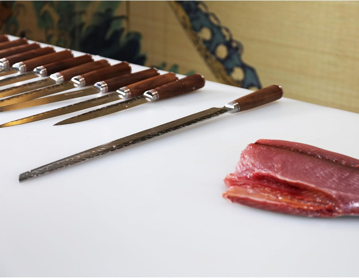 Sakimaru Knife 23 Inch Ultra Yanagiba - Japanese Hammer Damascus Steel Blade - Chef Slicer Suitable for Cutting Large Maguro Tuna Salmon - Natural Walnut wood Handle with Leather