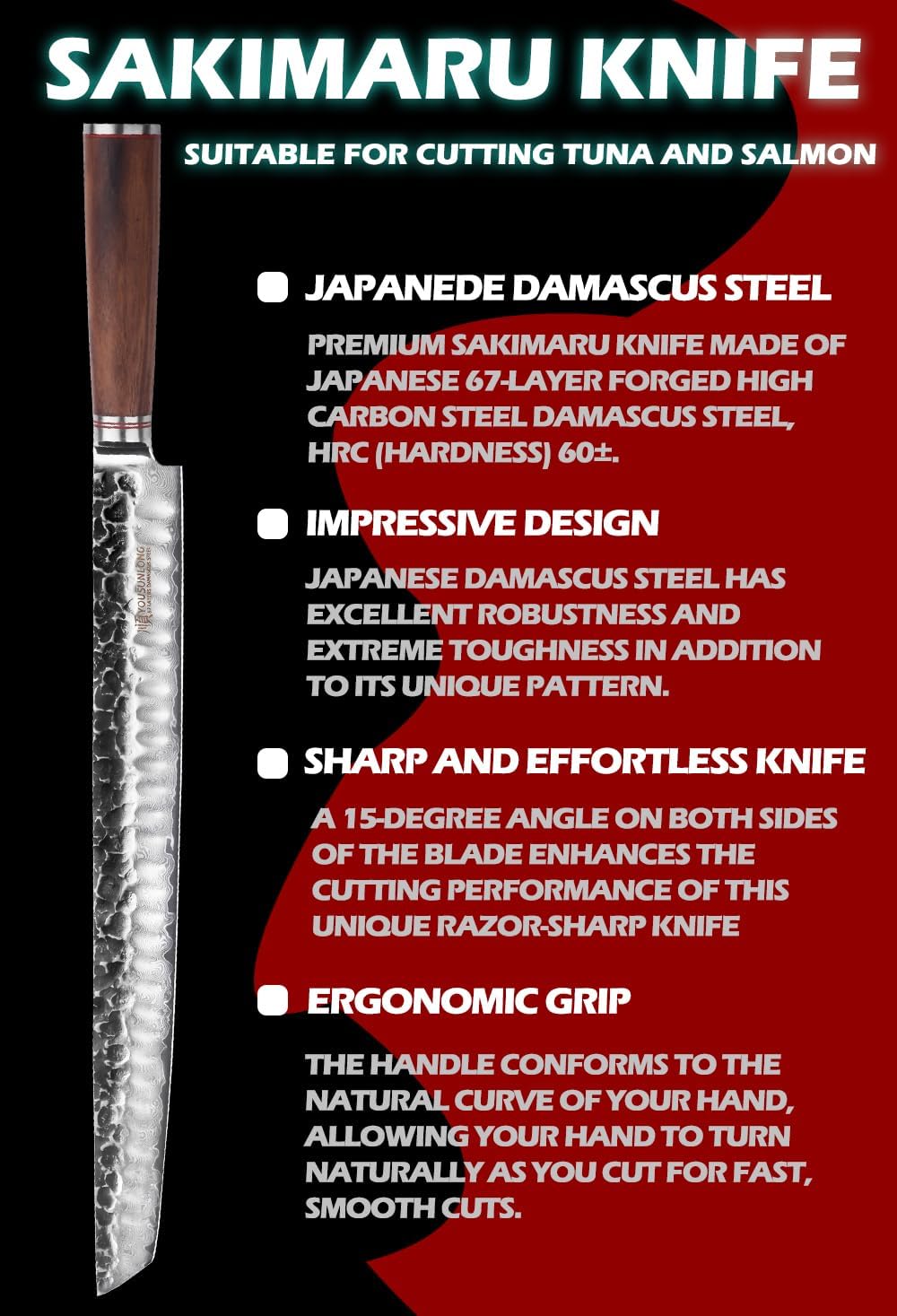 Sakimaru Knife 23 Inch Ultra Yanagiba - Japanese Hammer Damascus Steel Blade - Chef Slicer Suitable for Cutting Large Maguro Tuna Salmon - Natural Walnut wood Handle with Leather