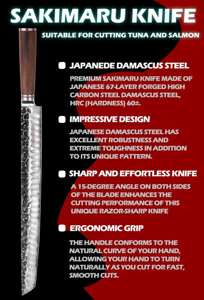 Sakimaru Knife 23 Inch Ultra Yanagiba - Japanese Hammer Damascus Steel Blade - Chef Slicer Suitable for Cutting Large Maguro Tuna Salmon - Natural Walnut wood Handle with Leather