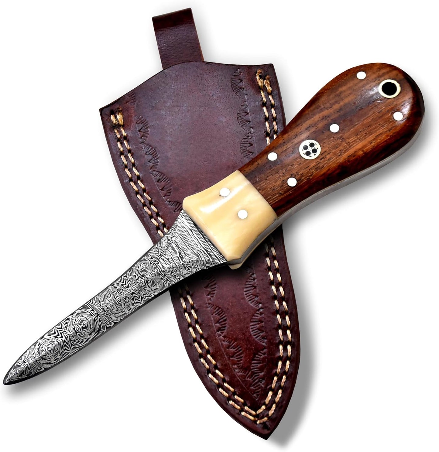 Premium Oyster Shucker Knife, Damascus Steel Clam, Camel Bone & Walnut Handle Leather Sheath Seafood Opener Kit Tool Non Slip Handle