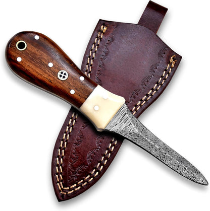 Premium Oyster Shucker Knife, Damascus Steel Clam, Camel Bone & Walnut Handle Leather Sheath Seafood Opener Kit Tool Non Slip Handle