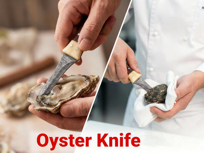 Premium Oyster Shucker Knife, Damascus Steel Clam, Camel Bone & Walnut Handle Leather Sheath Seafood Opener Kit Tool Non Slip Handle