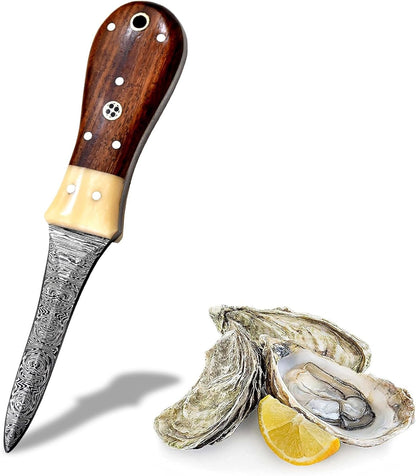 Premium Oyster Shucker Knife, Damascus Steel Clam, Camel Bone & Walnut Handle Leather Sheath Seafood Opener Kit Tool Non Slip Handle