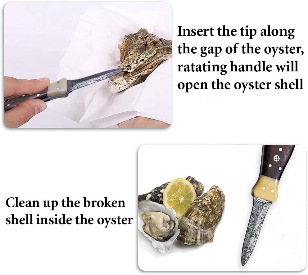 Premium Oyster Shucker Knife, Damascus Steel Clam, Camel Bone & Walnut Handle Leather Sheath Seafood Opener Kit Tool Non Slip Handle