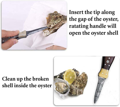 Premium Oyster Shucker Knife, Damascus Steel Clam, Camel Bone & Walnut Handle Leather Sheath Seafood Opener Kit Tool Non Slip Handle