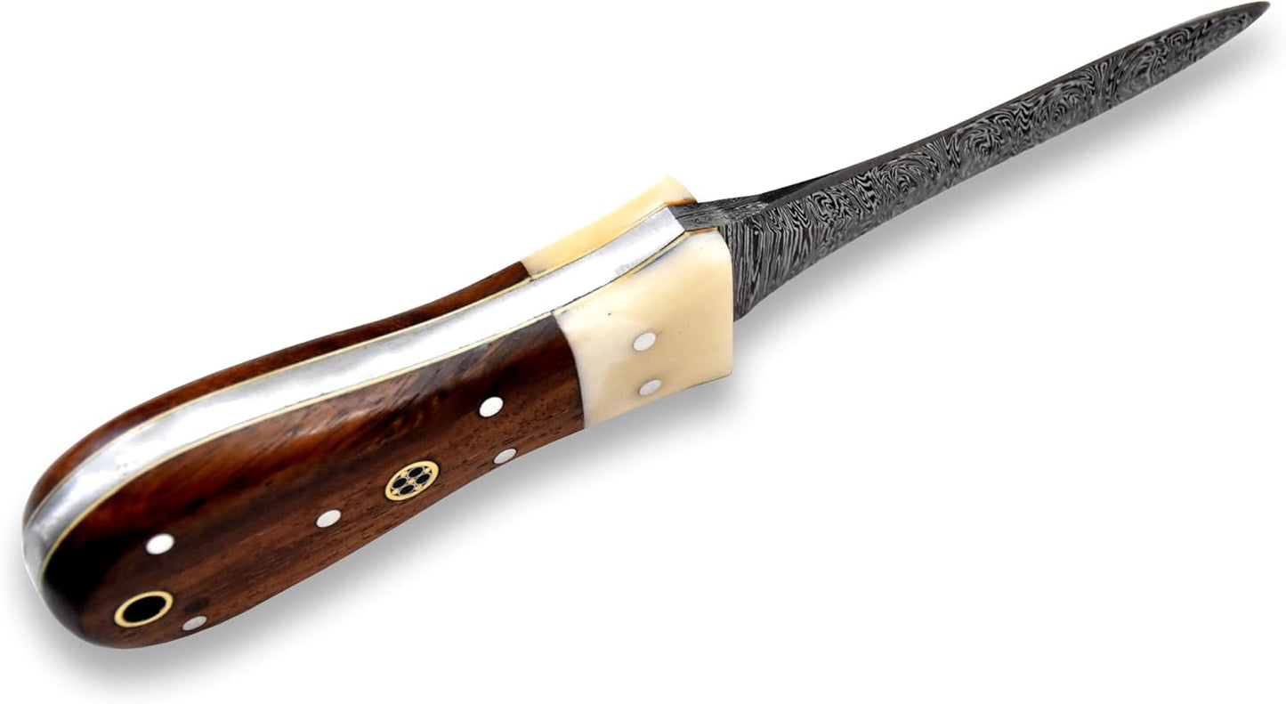 Premium Oyster Shucker Knife, Damascus Steel Clam, Camel Bone & Walnut Handle Leather Sheath Seafood Opener Kit Tool Non Slip Handle