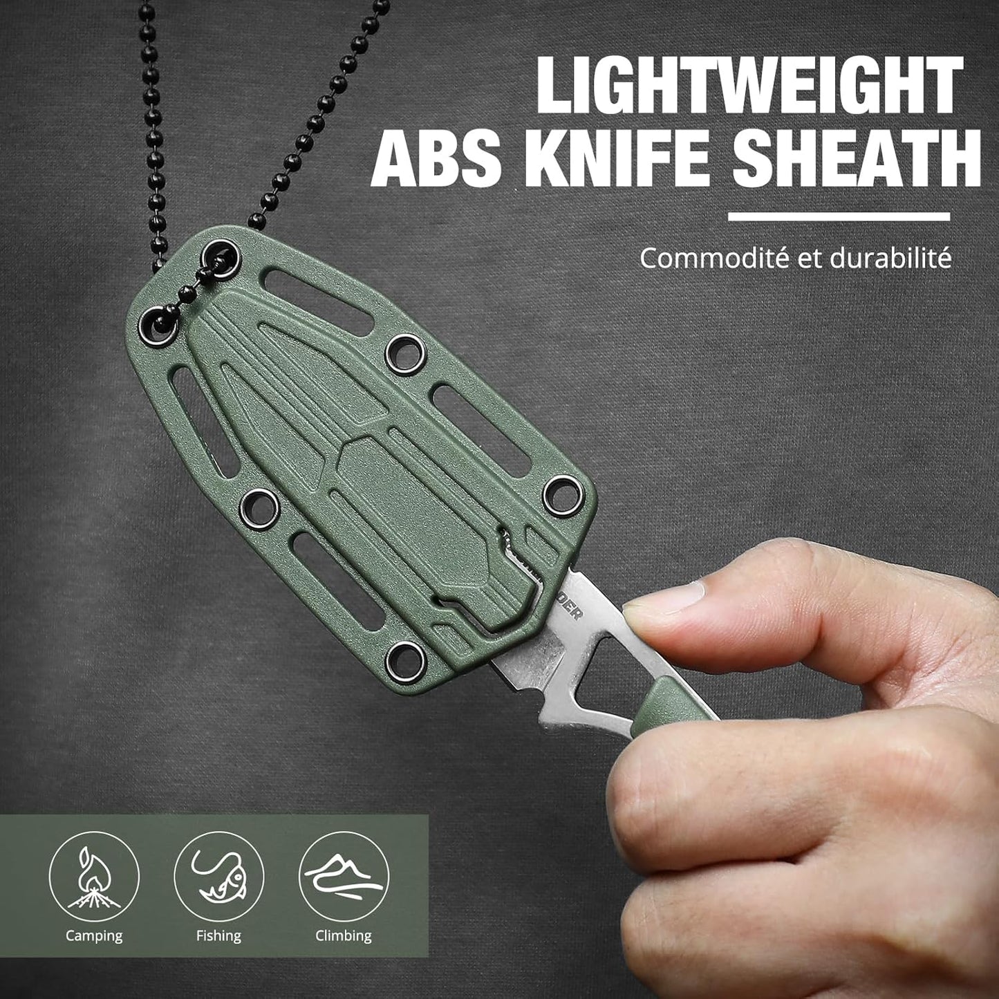 Neck Knife Tanto Small, Mini Neck Knife with Sheath and Necklace Fixed Blade Knives Full Tang Outdoor Knives, Green