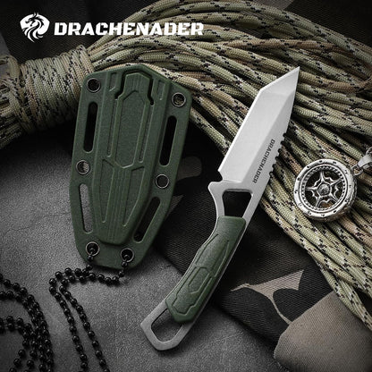 Neck Knife Tanto Small, Mini Neck Knife with Sheath and Necklace Fixed Blade Knives Full Tang Outdoor Knives, Green
