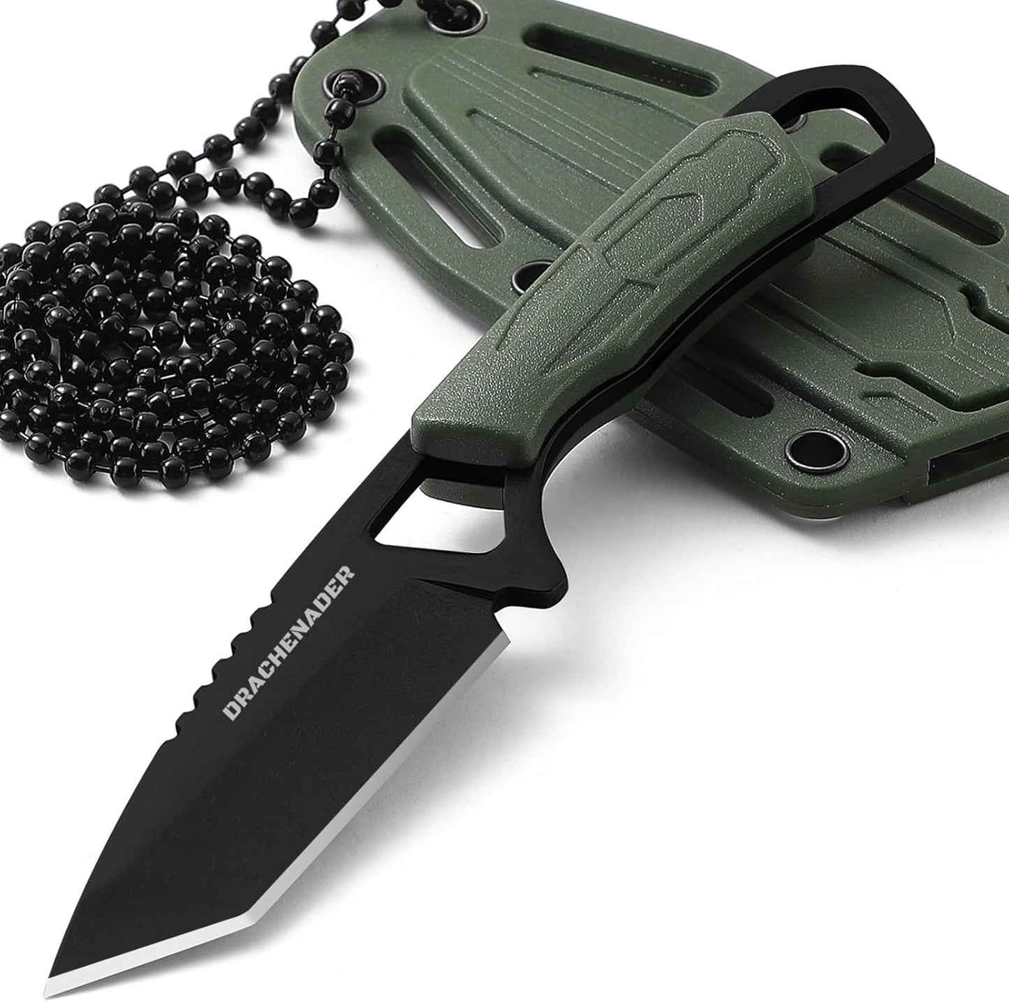 Neck Knife Tanto Small, Mini Neck Knife with Sheath and Necklace Fixed Blade Knives Full Tang Outdoor Knives, Green