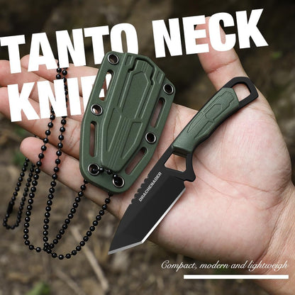 Neck Knife Tanto Small, Mini Neck Knife with Sheath and Necklace Fixed Blade Knives Full Tang Outdoor Knives, Green