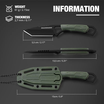 Neck Knife Tanto Small, Mini Neck Knife with Sheath and Necklace Fixed Blade Knives Full Tang Outdoor Knives, Green