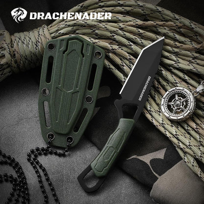 Neck Knife Tanto Small, Mini Neck Knife with Sheath and Necklace Fixed Blade Knives Full Tang Outdoor Knives, Green