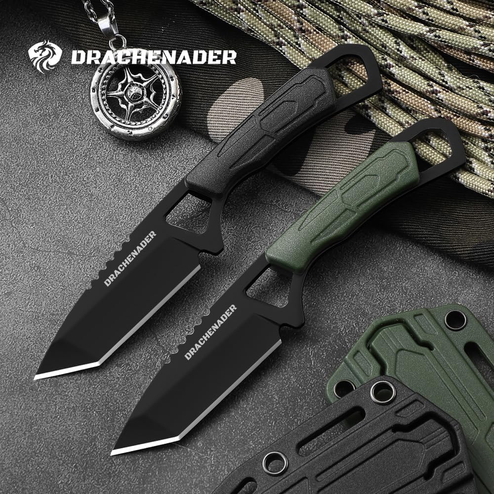 Neck Knife Tanto Small, Mini Neck Knife with Sheath and Necklace Fixed Blade Knives Full Tang Outdoor Knives, Green