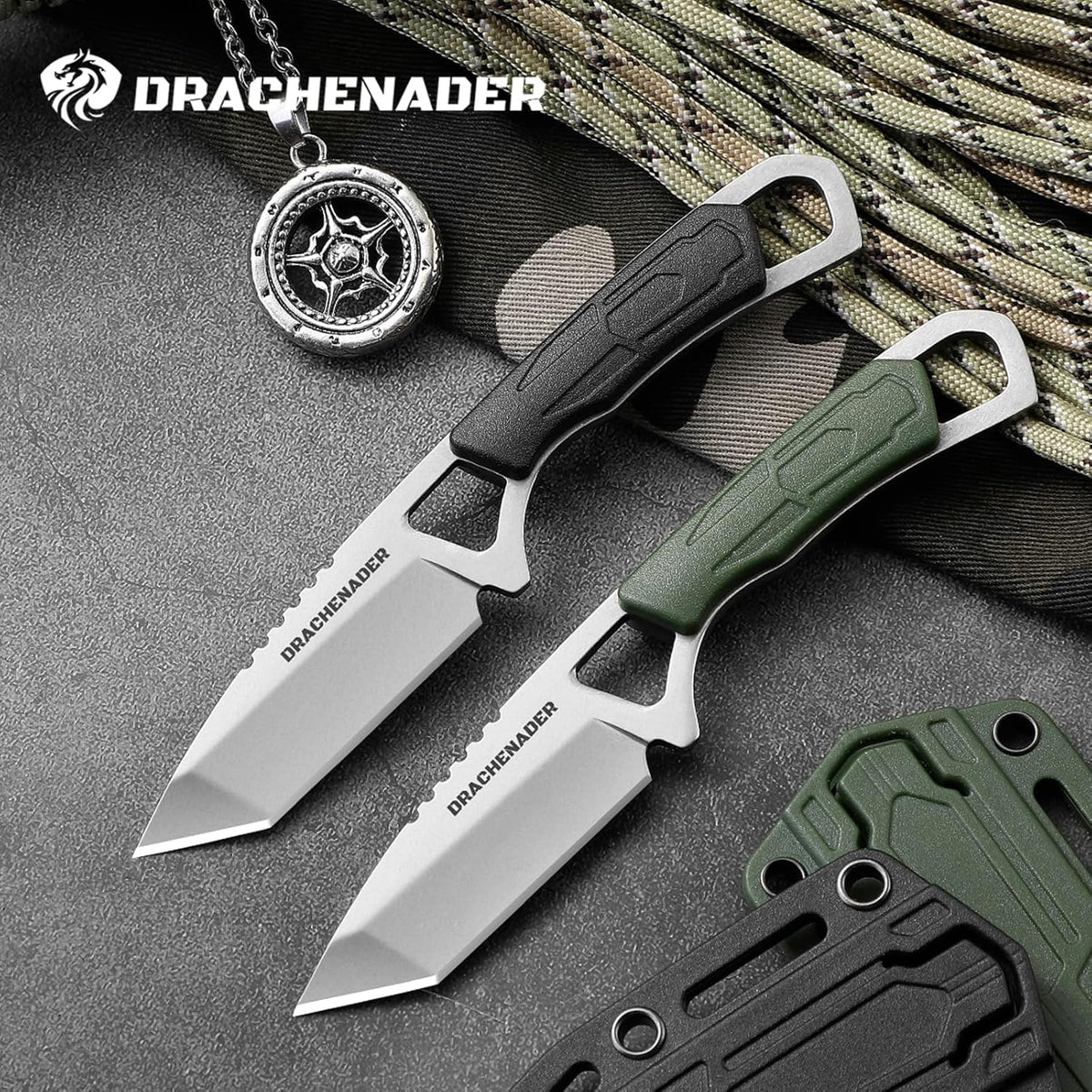 Neck Knife Tanto Small, Mini Neck Knife with Sheath and Necklace Fixed Blade Knives Full Tang Outdoor Knives, Green