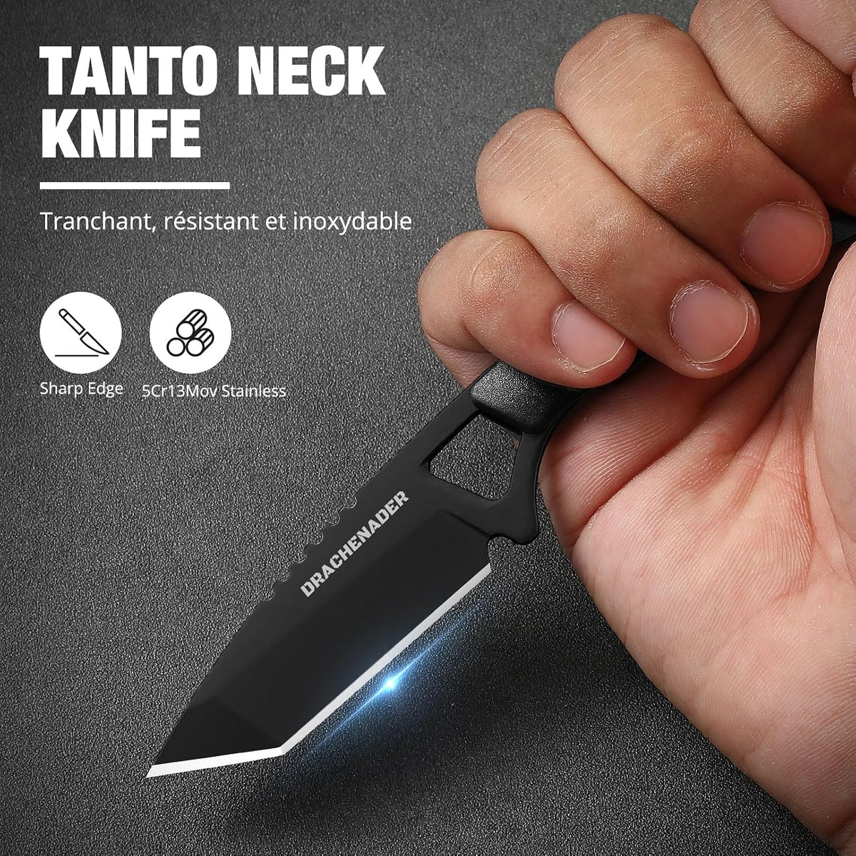 Neck Knife Tanto Small, Mini Neck Knife with Sheath and Necklace Fixed Blade Knives Full Tang Outdoor Knives, Green
