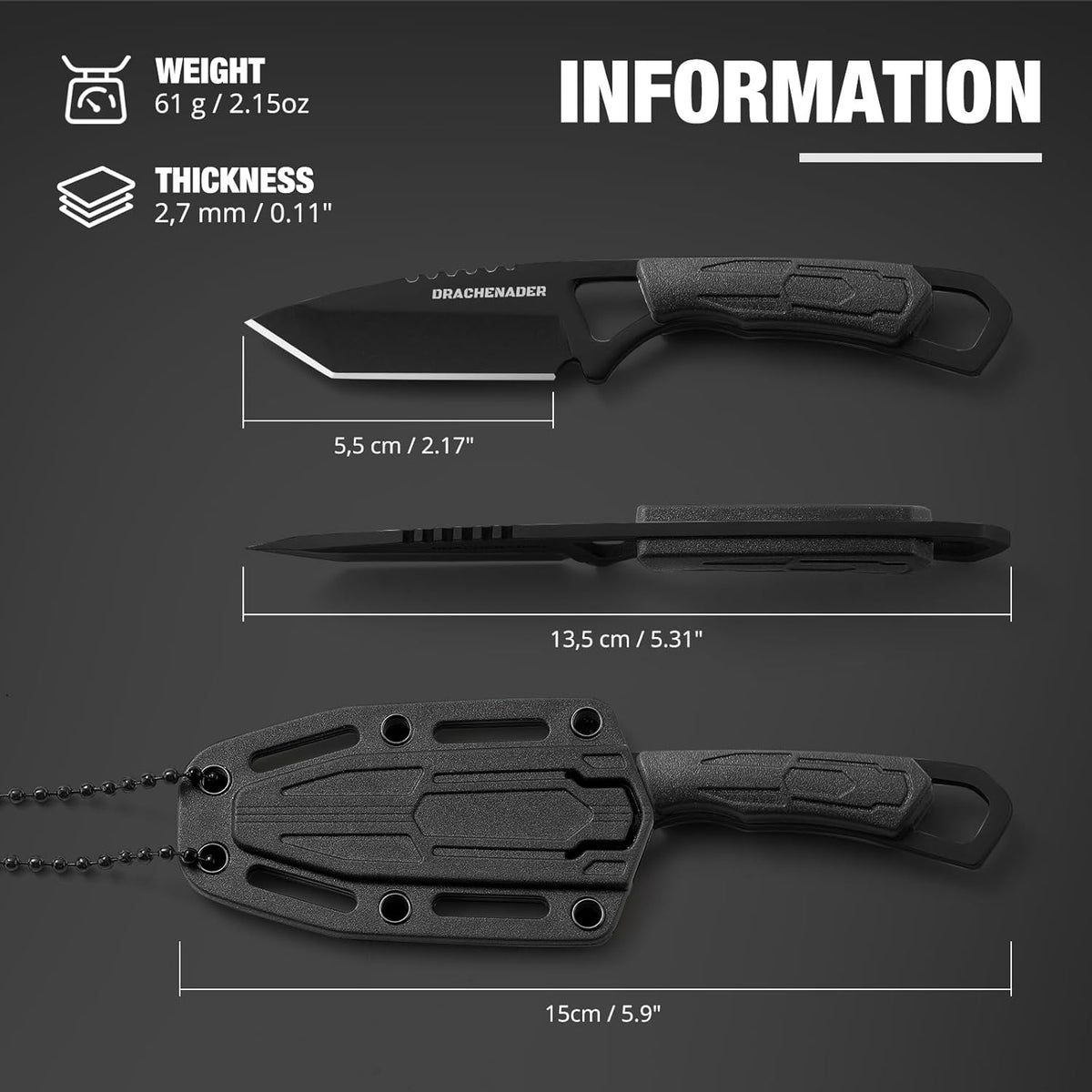 Neck Knife Tanto Small, Mini Neck Knife with Sheath and Necklace Fixed Blade Knives Full Tang Outdoor Knives, Green