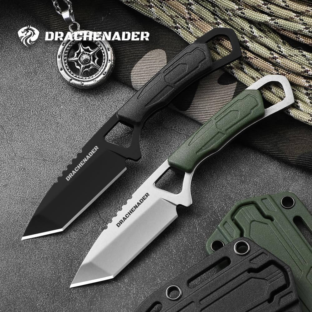 Neck Knife Tanto Small, Mini Neck Knife with Sheath and Necklace Fixed Blade Knives Full Tang Outdoor Knives, Green