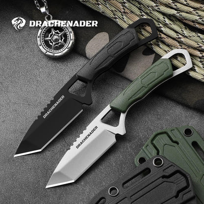 Neck Knife Tanto Small, Mini Neck Knife with Sheath and Necklace Fixed Blade Knives Full Tang Outdoor Knives, Green