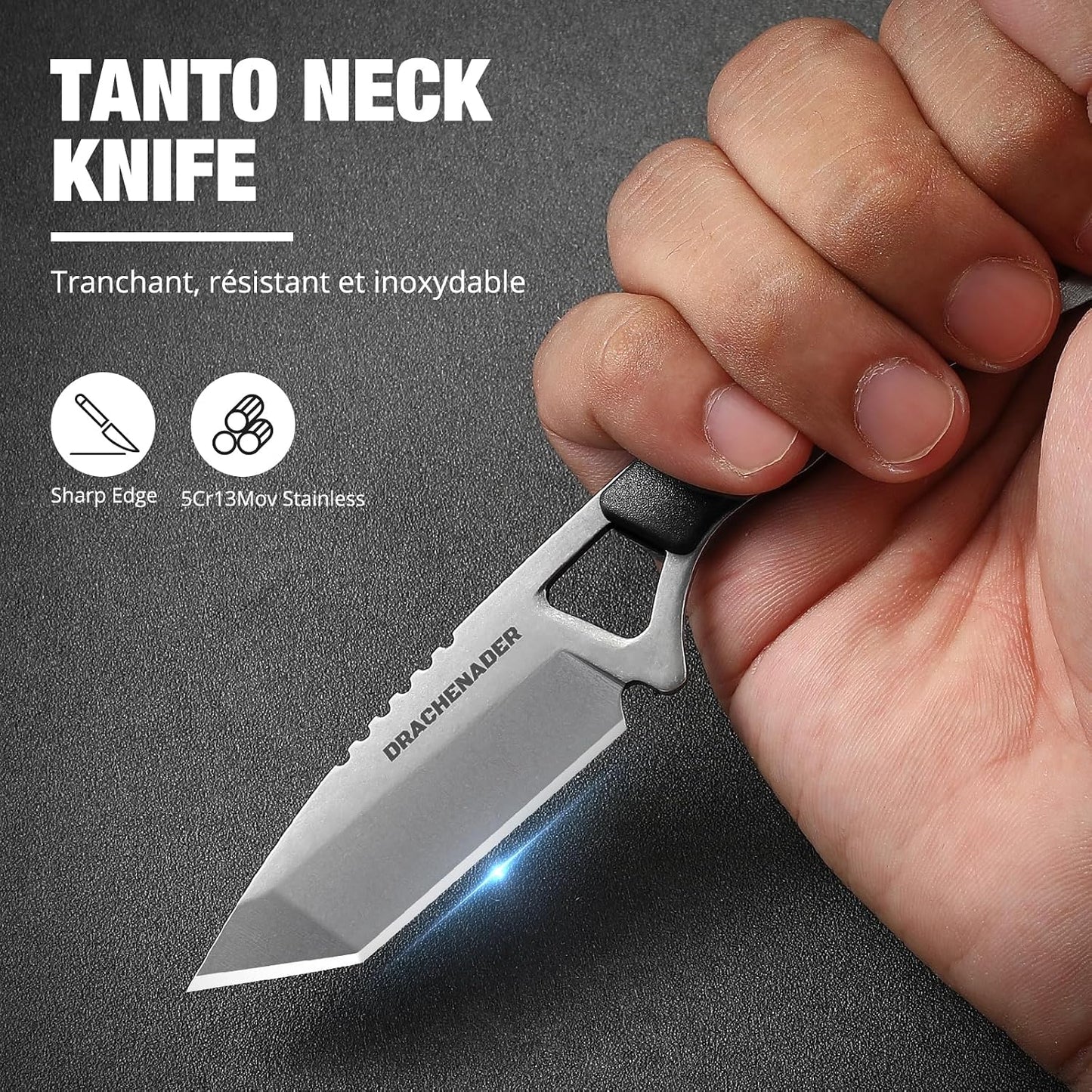 Neck Knife Tanto Small, Mini Neck Knife with Sheath and Necklace Fixed Blade Knives Full Tang Outdoor Knives, Green