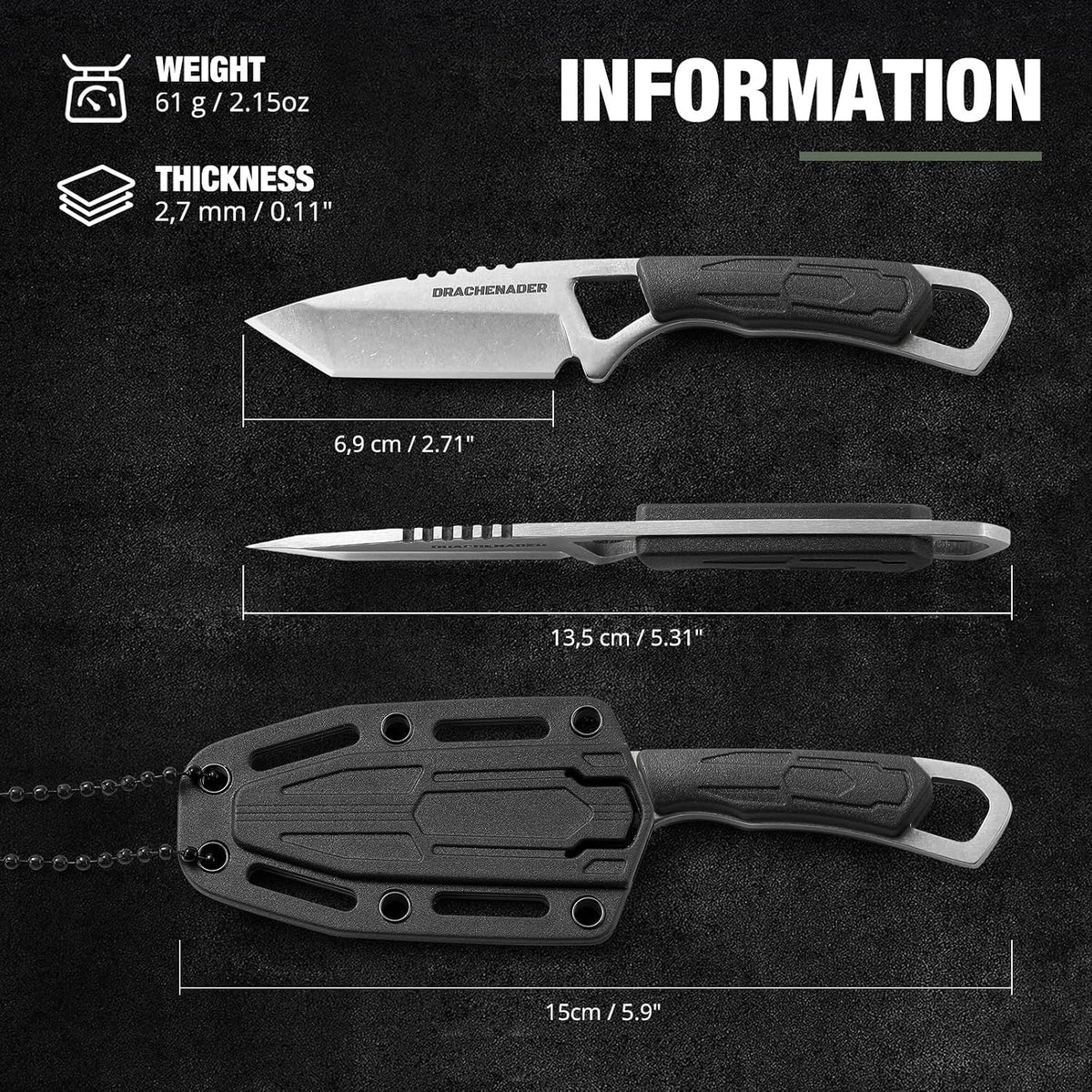 Neck Knife Tanto Small, Mini Neck Knife with Sheath and Necklace Fixed Blade Knives Full Tang Outdoor Knives, Green