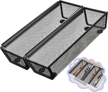 2PCS Drawer Organizer for Kitchen,Utensil Mesh Drawer Organizer with Interlocking Arm for Cosmetic,Flatware,Pen (9 * 3 * 2 Inches,Black)