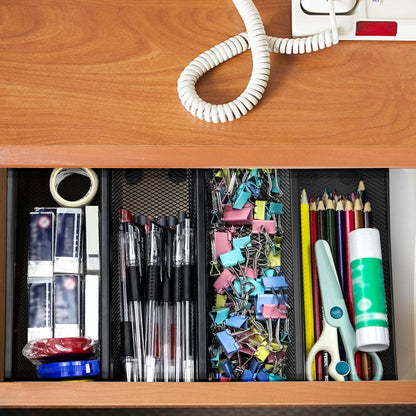 2PCS Drawer Organizer for Kitchen,Utensil Mesh Drawer Organizer with Interlocking Arm for Cosmetic,Flatware,Pen (9 * 3 * 2 Inches,Black)