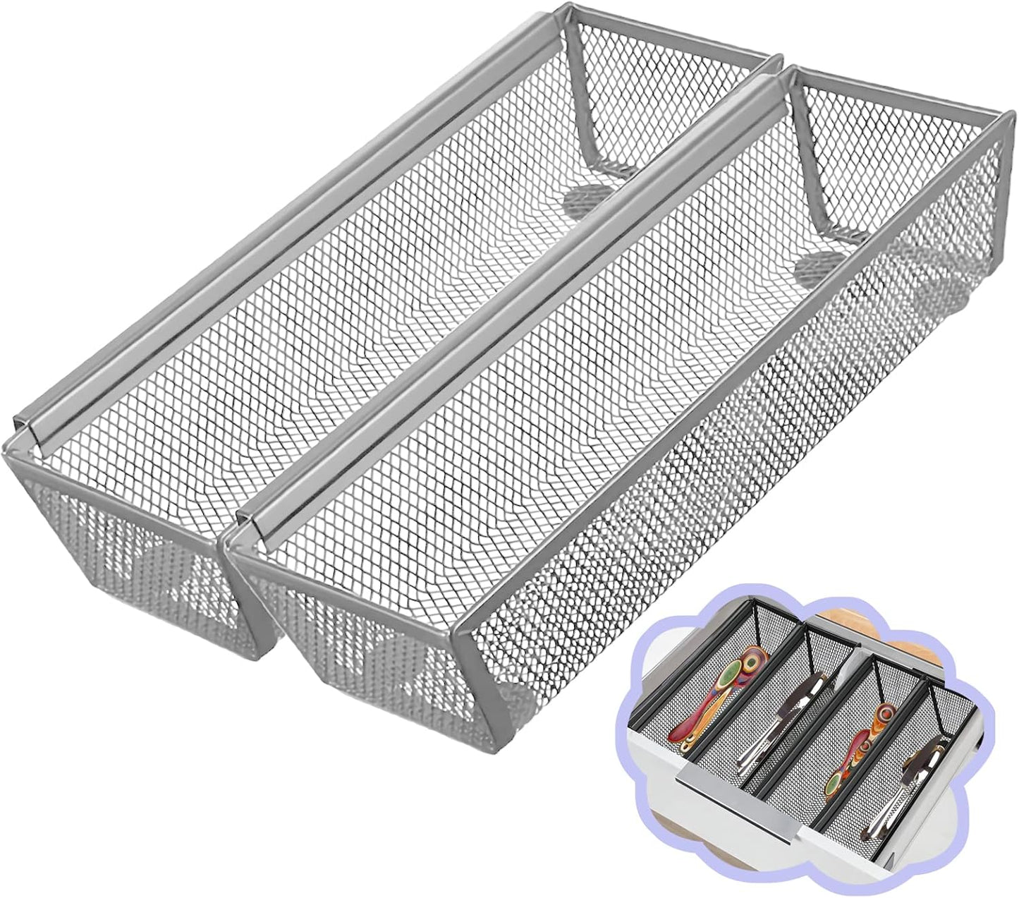 2PCS Drawer Organizer for Kitchen,Utensil Mesh Drawer Organizer with Interlocking Arm for Cosmetic,Flatware,Pen (9 * 3 * 2 Inches,Black)