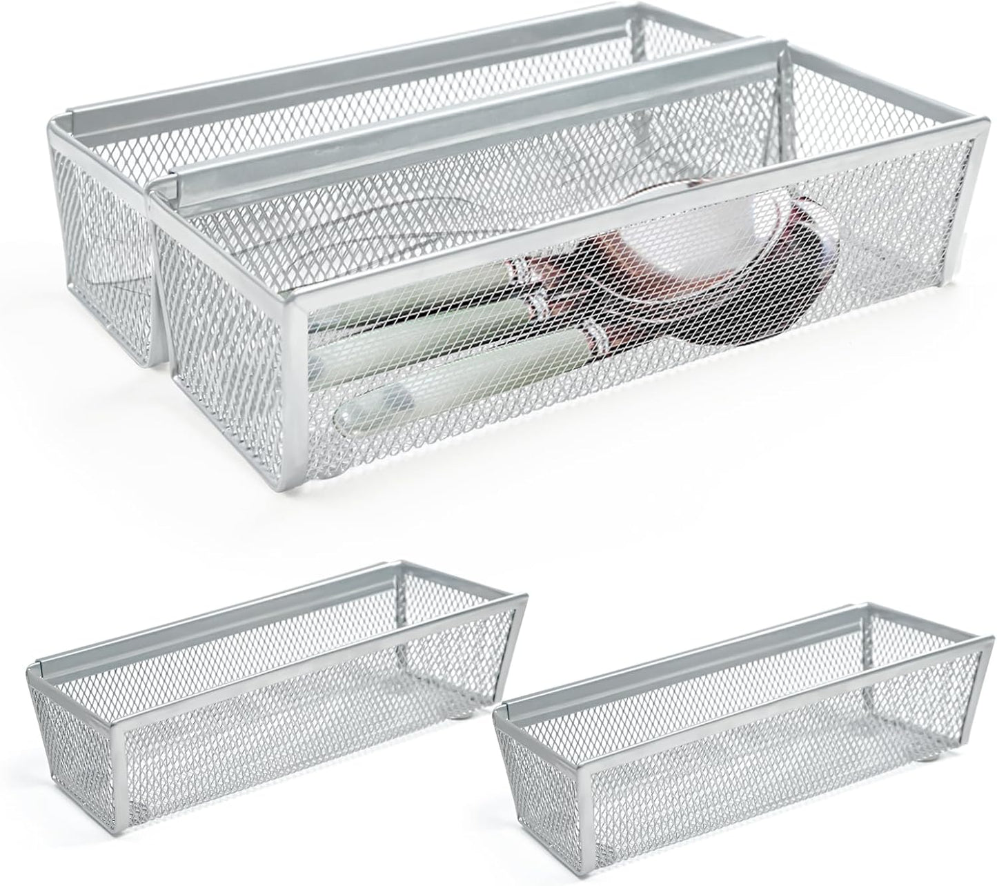 2PCS Drawer Organizer for Kitchen,Utensil Mesh Drawer Organizer with Interlocking Arm for Cosmetic,Flatware,Pen (9 * 3 * 2 Inches,Black)