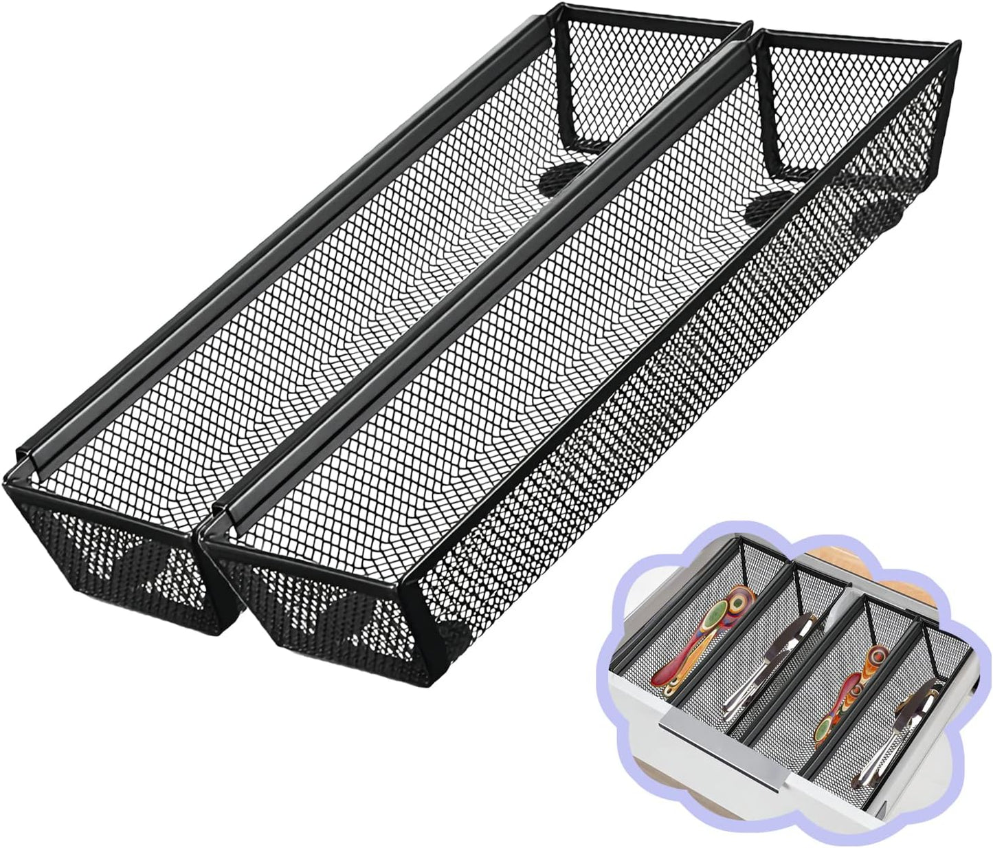 2PCS Drawer Organizer for Kitchen,Utensil Mesh Drawer Organizer with Interlocking Arm for Cosmetic,Flatware,Pen (9 * 3 * 2 Inches,Black)