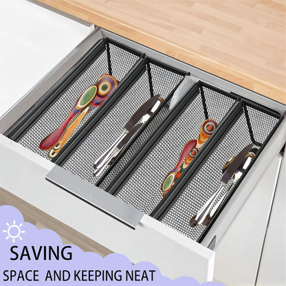 2PCS Drawer Organizer for Kitchen,Utensil Mesh Drawer Organizer with Interlocking Arm for Cosmetic,Flatware,Pen (9 * 3 * 2 Inches,Black)