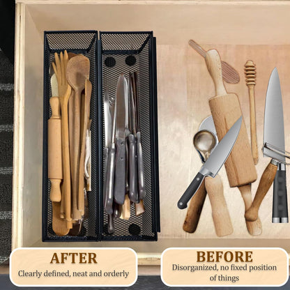 2PCS Drawer Organizer for Kitchen,Utensil Mesh Drawer Organizer with Interlocking Arm for Cosmetic,Flatware,Pen (9 * 3 * 2 Inches,Black)