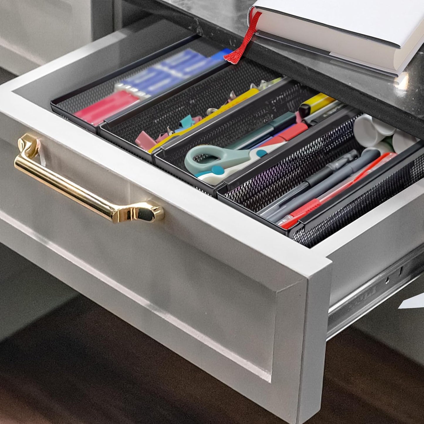 2PCS Drawer Organizer for Kitchen,Utensil Mesh Drawer Organizer with Interlocking Arm for Cosmetic,Flatware,Pen (9 * 3 * 2 Inches,Black)