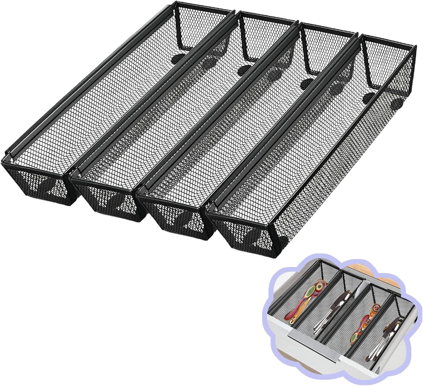 2PCS Drawer Organizer for Kitchen,Utensil Mesh Drawer Organizer with Interlocking Arm for Cosmetic,Flatware,Pen (9 * 3 * 2 Inches,Black)