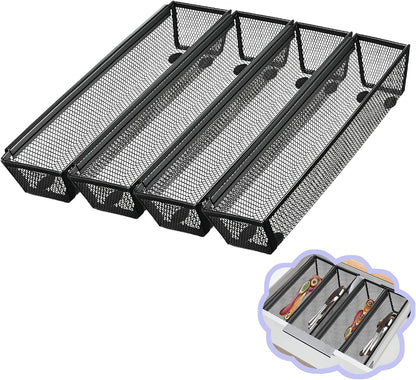 2PCS Drawer Organizer for Kitchen,Utensil Mesh Drawer Organizer with Interlocking Arm for Cosmetic,Flatware,Pen (9 * 3 * 2 Inches,Black)