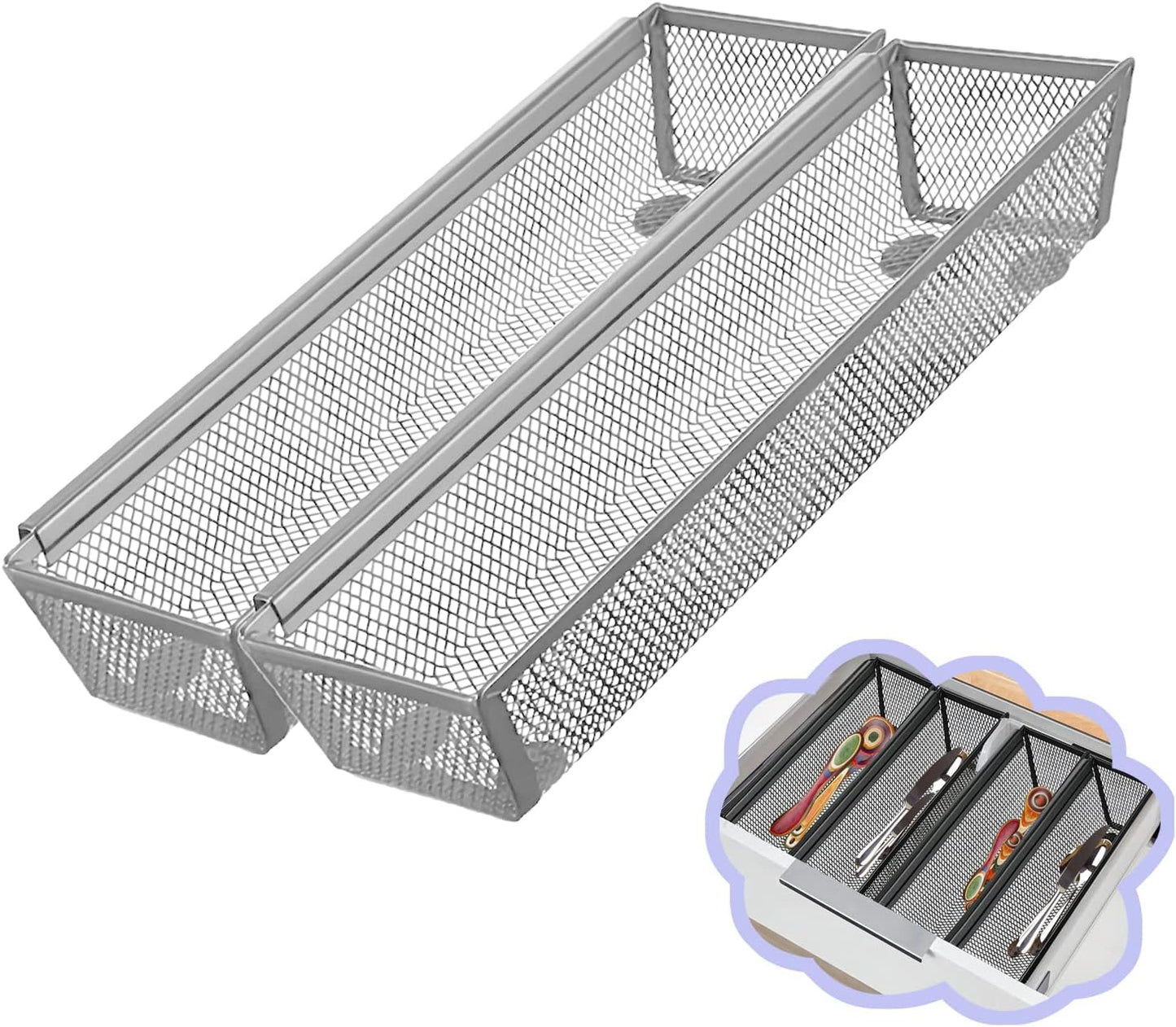 2PCS Drawer Organizer for Kitchen,Utensil Mesh Drawer Organizer with Interlocking Arm for Cosmetic,Flatware,Pen (9 * 3 * 2 Inches,Black)
