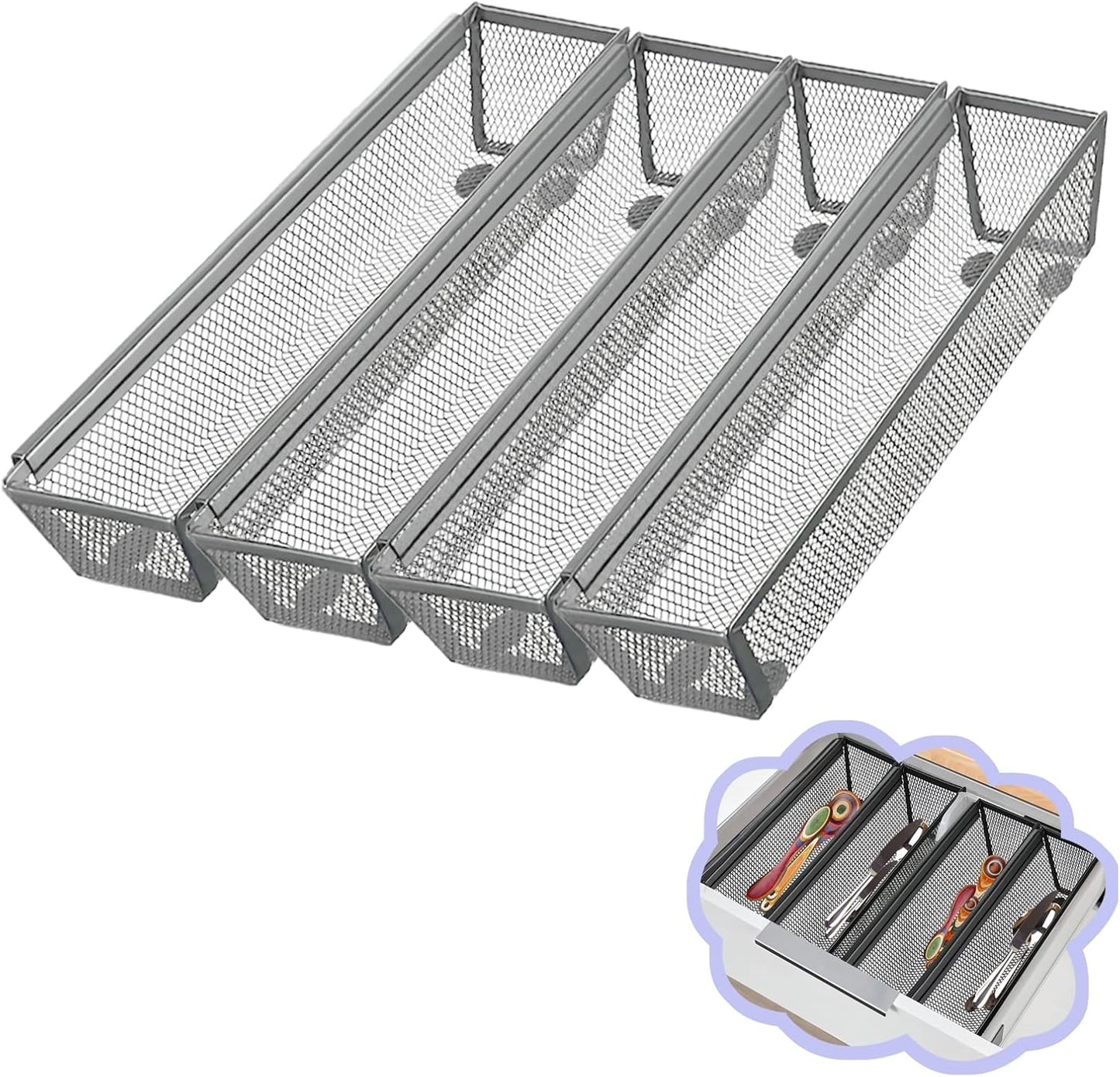 2PCS Drawer Organizer for Kitchen,Utensil Mesh Drawer Organizer with Interlocking Arm for Cosmetic,Flatware,Pen (9 * 3 * 2 Inches,Black)