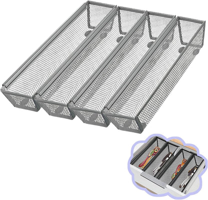 2PCS Drawer Organizer for Kitchen,Utensil Mesh Drawer Organizer with Interlocking Arm for Cosmetic,Flatware,Pen (9 * 3 * 2 Inches,Black)