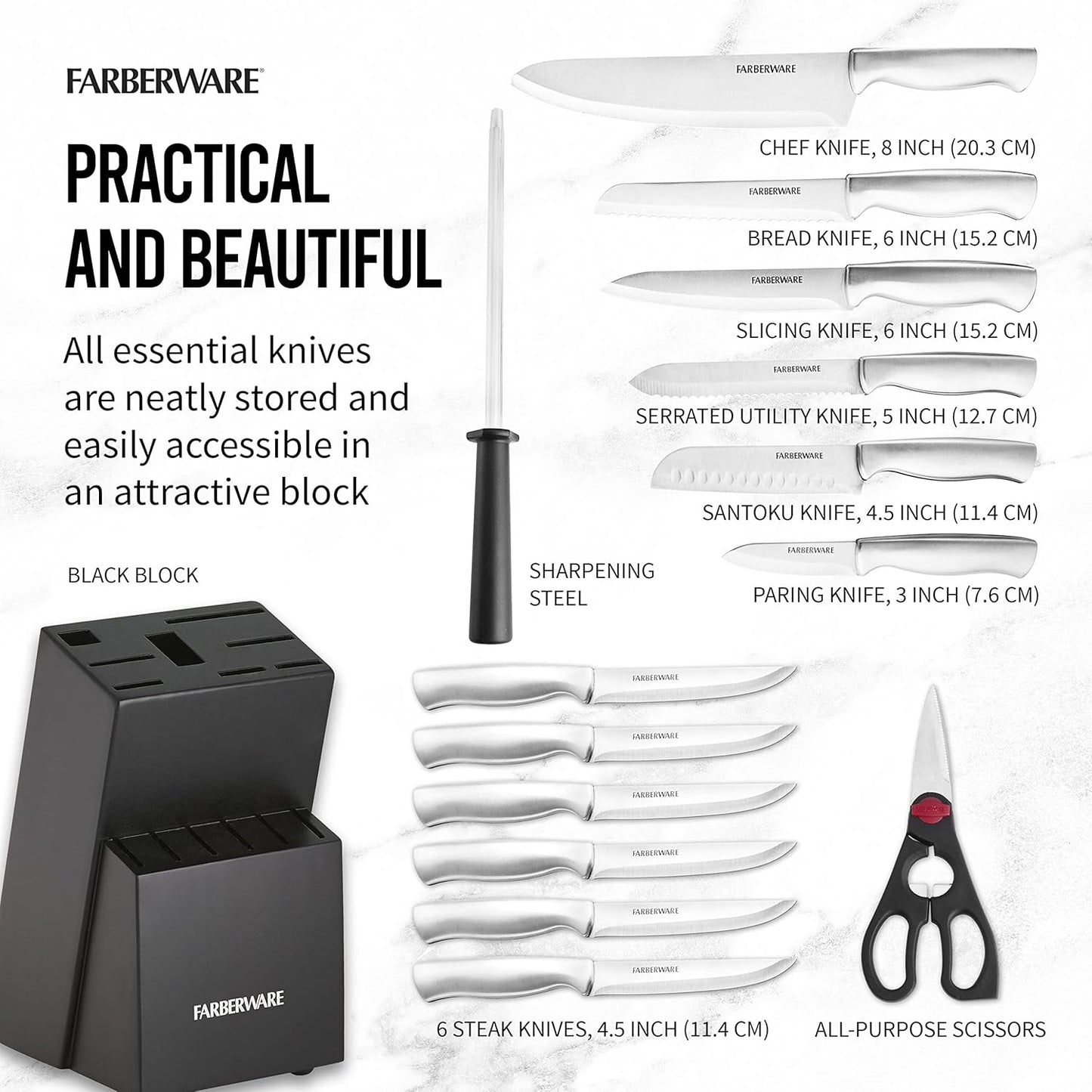 15-Piece Kitchen Knife Set, High-Carbon Stainless Steel Blades with Wood Block, Steak Knives, Sharpening Tool & All-Purpose Shears, Razor Sharp, Ergonomic Stainless Steel Handles