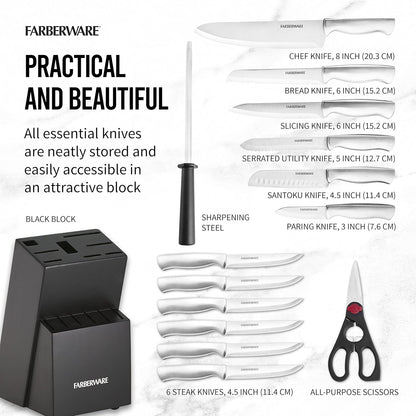 15-Piece Kitchen Knife Set, High-Carbon Stainless Steel Blades with Wood Block, Steak Knives, Sharpening Tool & All-Purpose Shears, Razor Sharp, Ergonomic Stainless Steel Handles