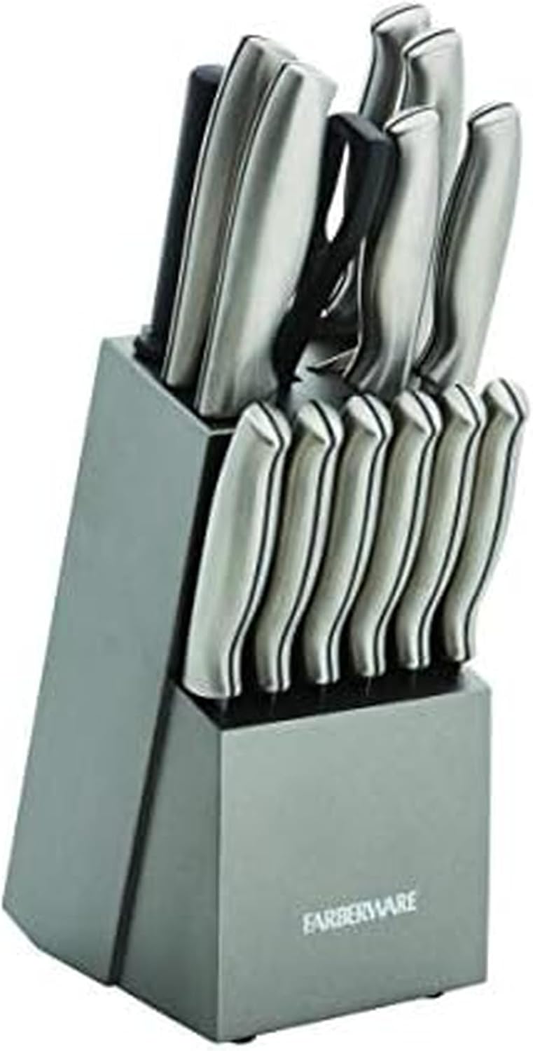 15-Piece Kitchen Knife Set, High-Carbon Stainless Steel Blades with Wood Block, Steak Knives, Sharpening Tool & All-Purpose Shears, Razor Sharp, Ergonomic Stainless Steel Handles