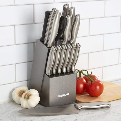 15-Piece Kitchen Knife Set, High-Carbon Stainless Steel Blades with Wood Block, Steak Knives, Sharpening Tool & All-Purpose Shears, Razor Sharp, Ergonomic Stainless Steel Handles
