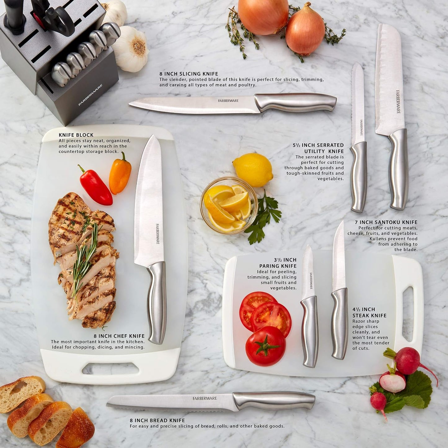 15-Piece Kitchen Knife Set, High-Carbon Stainless Steel Blades with Wood Block, Steak Knives, Sharpening Tool & All-Purpose Shears, Razor Sharp, Ergonomic Stainless Steel Handles