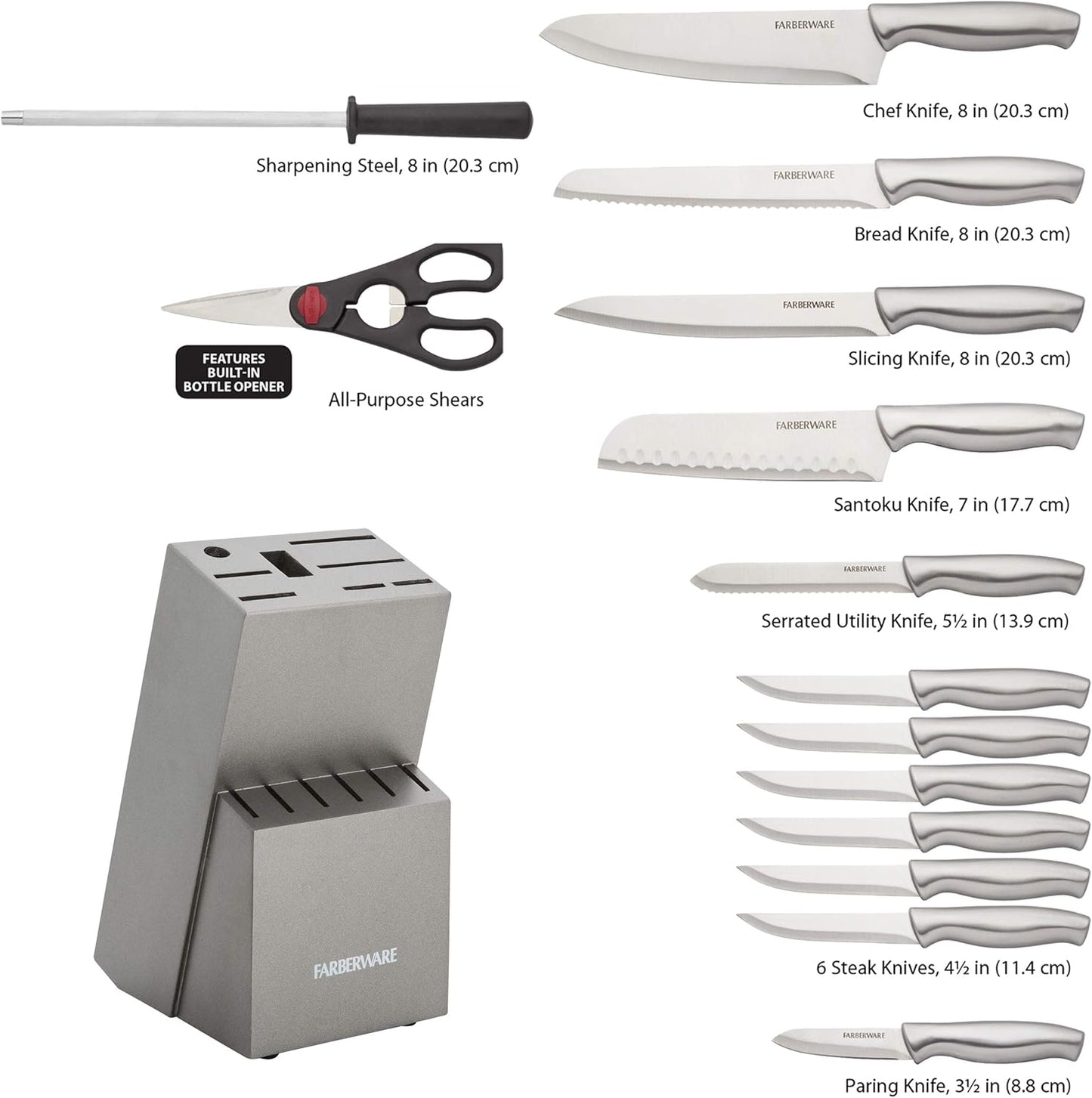 15-Piece Kitchen Knife Set, High-Carbon Stainless Steel Blades with Wood Block, Steak Knives, Sharpening Tool & All-Purpose Shears, Razor Sharp, Ergonomic Stainless Steel Handles