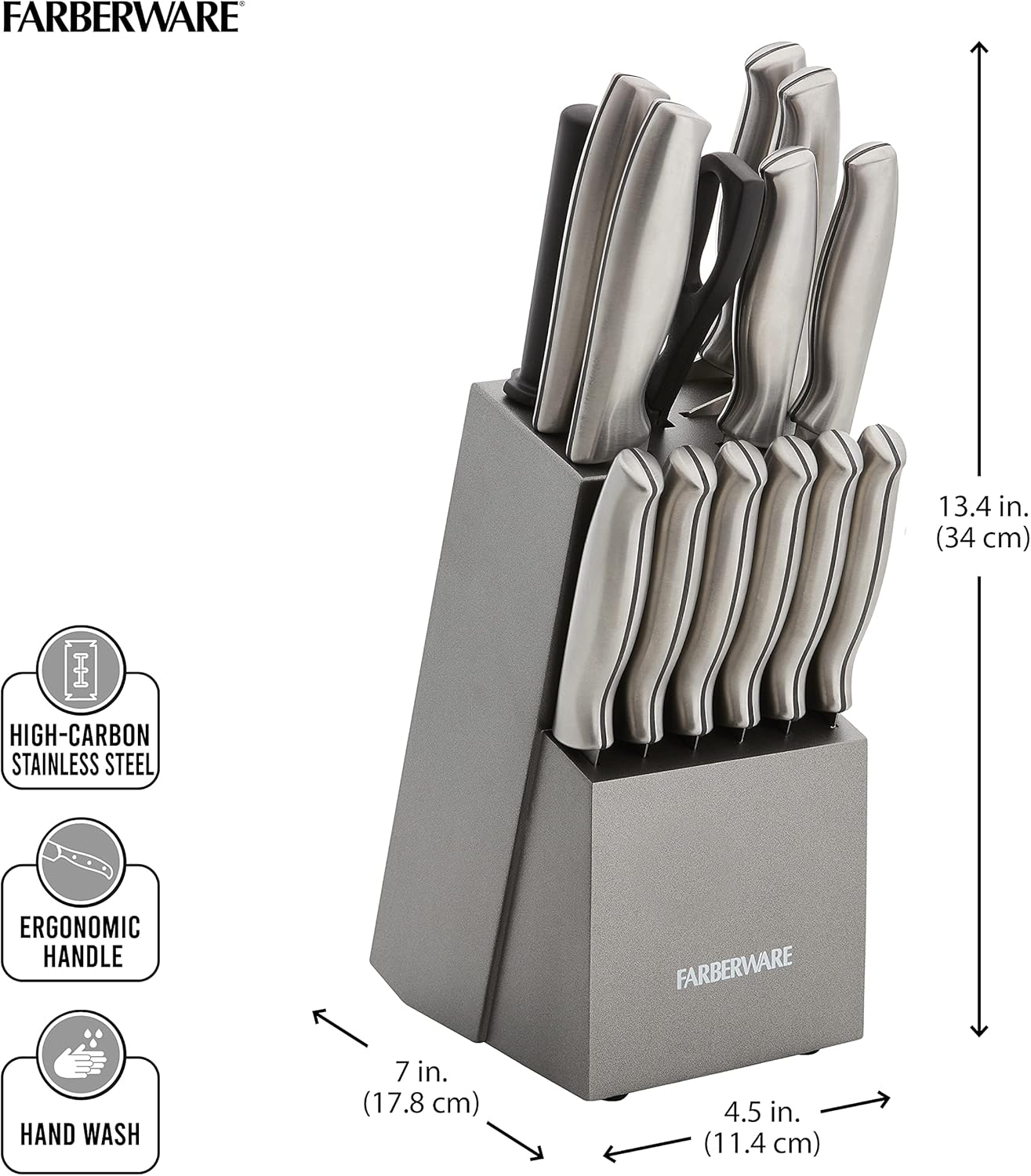 15-Piece Kitchen Knife Set, High-Carbon Stainless Steel Blades with Wood Block, Steak Knives, Sharpening Tool & All-Purpose Shears, Razor Sharp, Ergonomic Stainless Steel Handles